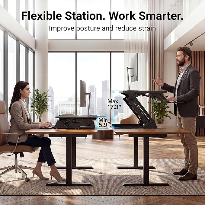 HUANUO 32" Z Shaped Stable Standing Desk Converter, Height Adjustable Sit Stand Up Desk Riser, Dual Monitor and Laptop Workstation with Wide Keyboard Tray, Desk Lifter for Home Office