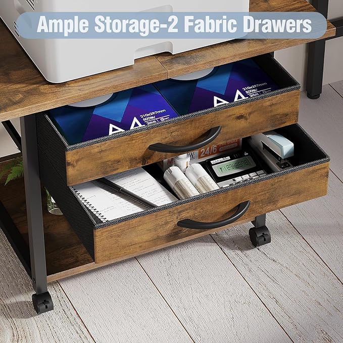 VENNQD Large Printer Stand with Storage Fabric Drawer Under Desk Printer Table with Wheels for Home Office, Printer Cart fit Fax Machine Scanner 23.4"x15.7"(Rustic Brown, 2 Tiers)