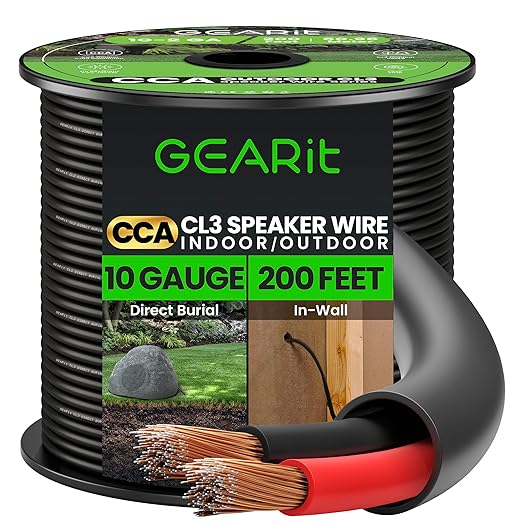 GEARit Outdoor Speaker Wire CL3 Rated, 10 Gauge Speaker Wire, Speaker Cable 200 ft for Outdoor Speakers, Patio, Garden, Backyard Audio, Direct Burial in Ground/in Wall, CCA (Black, 2-Conductors)