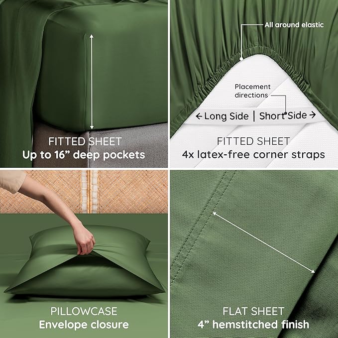 Bambaw California King Sheet Set 4pcs – 100% Viscose Derived from Bamboo Sheets Deep Pocket, Fits Up to 16'' Mattresses, Super Soft & Temperature Cooling Bed Sheets (Olive)