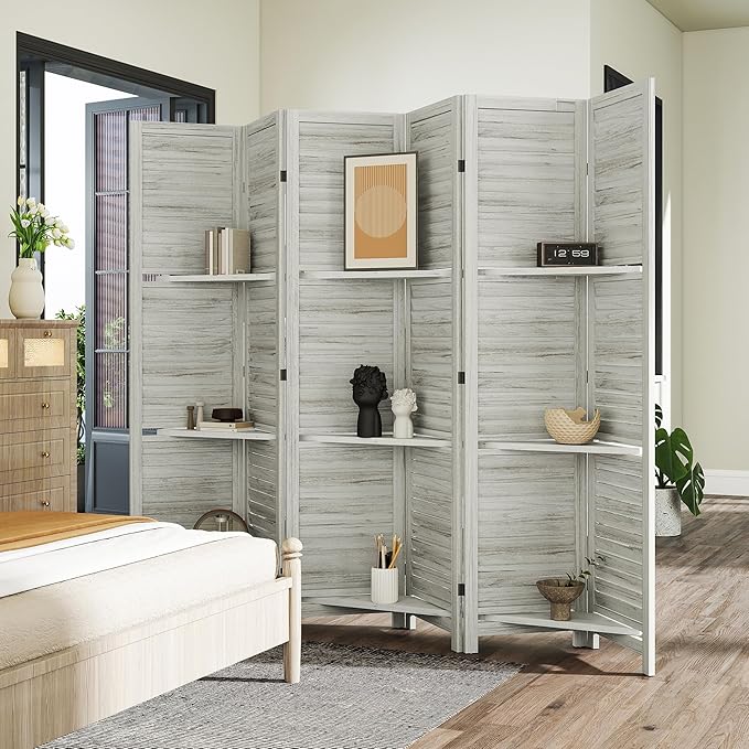 HOMCOM Room Divider, 6 Panel 67" Tall Wood Privacy Screen with 3 Display Shelves, and Folding Storage for Bedroom or Home Office, Distressed White