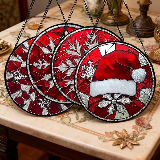 DASTOLL Stained Glass Window Hanging 4 Pcs Set Red Christmas Decorations Theme 6.3" - Suncatcher Door Garden Sun Catcher Decor Birthday for Mom Woman Nana Men Friend Wife