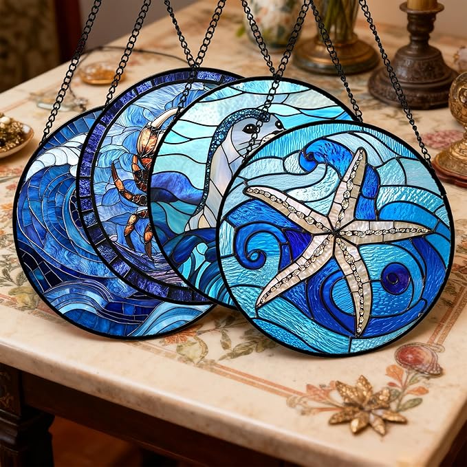 DASTOLL Stained Glass Window Hanging 4 Pcs Set Blue Ocean Waves Large 11.8" - Starfish Crab Seal Suncatcher Door Garden Sun Catcher Decor Birthday for Mom Woman Nana Men Friend