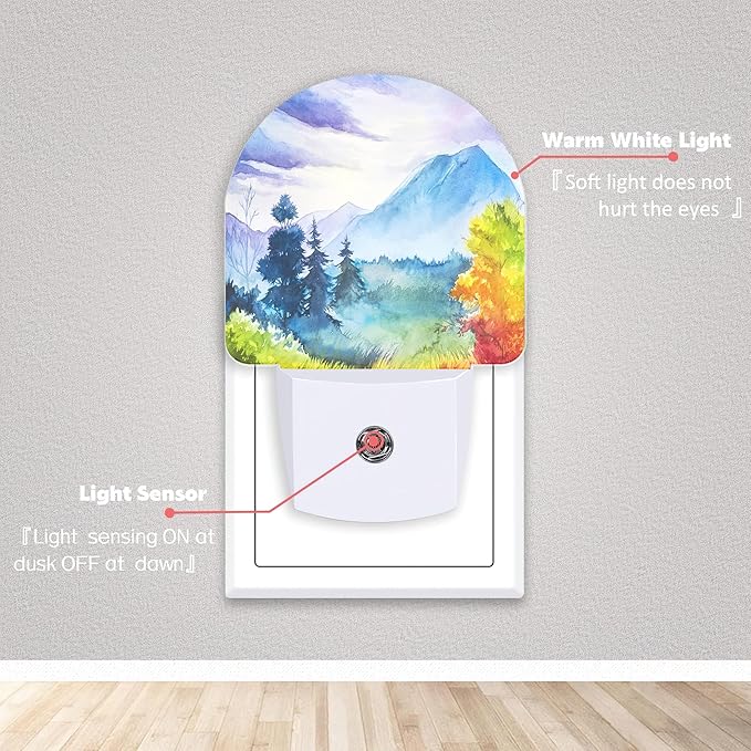 Axxitude Watercolor Mountain Forest Night Lights Plug into Wall for Girls Boys Room,Night Light LED Lamp Dusk to Dawn Sensor Round Lamp for Bedroom Bathroom Hallway Home Wall Decor Nightlight