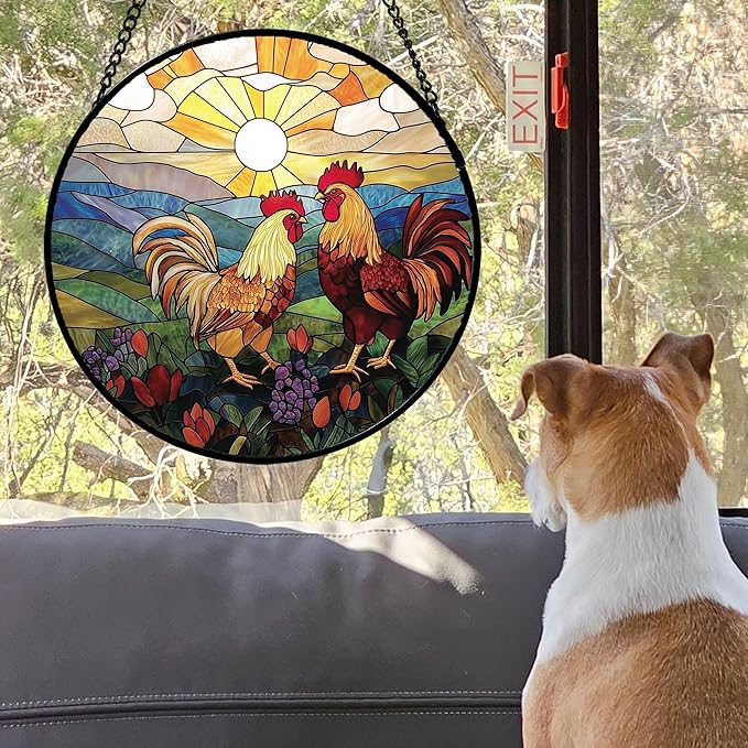 AMDERVEN Stained Glass Window Hanging, Countryside Scenery Chicken Sun Catcher for Door Home Decor Sunrise Suncatcher Christmas Mother's Day Birthday Gifts for Women Men Mom Nana 15 in
