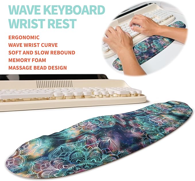 KUOSGM 2-in-1 Ergonomic Set, Wave Rise Keyboard Wrist Rest and Massage Bulge Slope Mouse Pad Wrist Support, Cushion Memory Foam Integrated to Relieve Wrist Pain, Galaxy Mandala