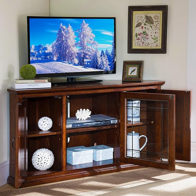 Leick Home 80385 Leaded Glass Three Door Corner TV Stand with Enclosed Storage For 50" TV's, Burnished Oak