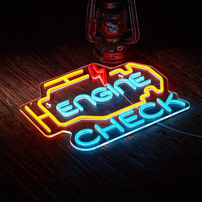 Check Engine Neon Sign for Garage Wall Decor Check Engine Neon Signs Car Auto Repair Workshop Sign with Dimmable USB Powered Signs Décor (17X13in)