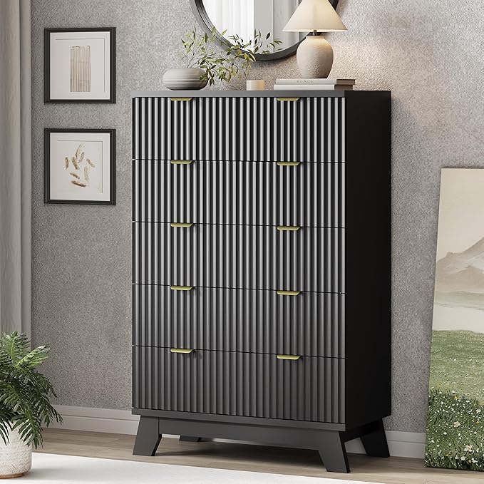 Xixini Fluted Dresser for Bedroom with 6 Drawers, 46" Tall Modern Chest of Drawers with Metal Handle, Wooden Dresser TV Stand, Wood Closet Clothes Storage Organizer for Living Room, Hallway, Black