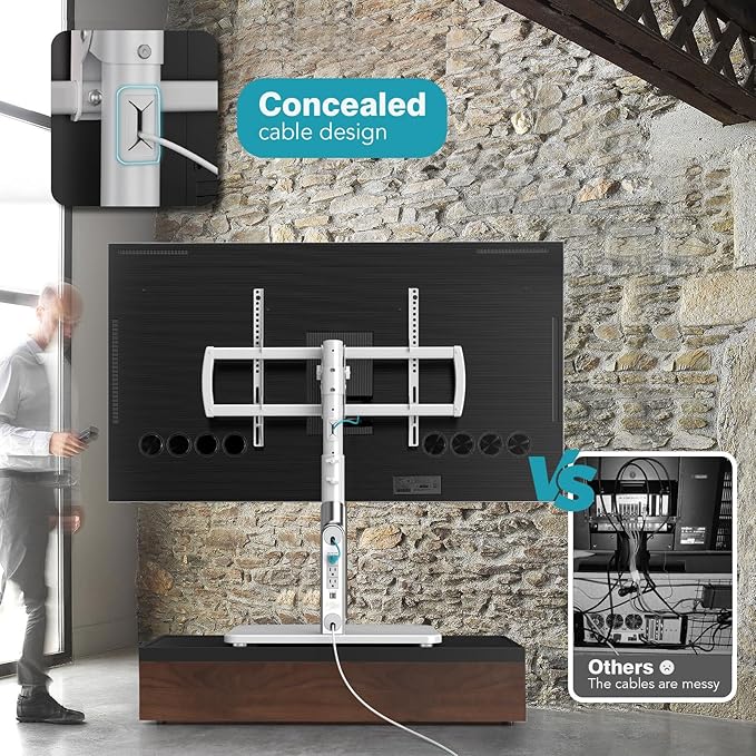 LLDEPLL Universal TV Stand Tabletop TV Mount with Power Outlet for 50-90 Inch OLED LED Monitors, 9 Levels Height Adjustment, Ambient Lighting on The Bottom Holds up to 150lbs, White Max Vesa 600x400mm