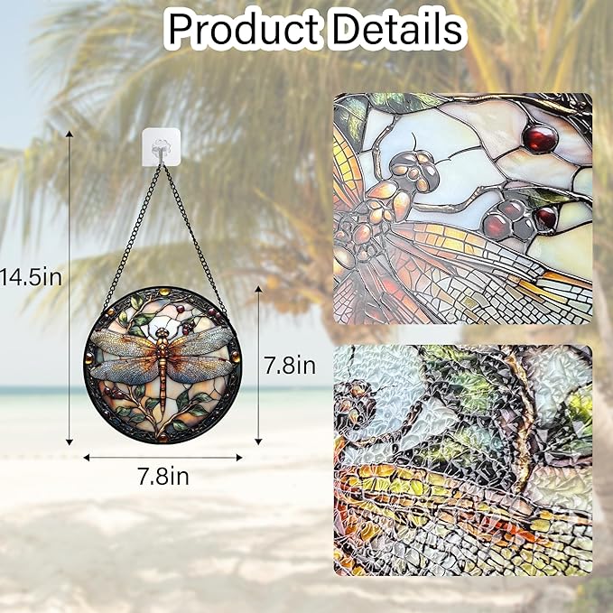 DASTOLL Stained Glass Window Hanging - Dragonfly Plant Suncatcher Ready to Hang Window Doors Home Decoration, Christmas, Mother's Day Birthday Gifts for Women, Men, and Mom 7.8x7.8 in