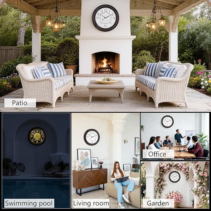 Koosome Outdoor Clocks Waterproof 18 Inch, Large Wall Clock with Thermometer & Hygrometer, Illuminated Battery Operated Clock with Smart Sensor for Patio, Pool, Garden, Porch, Living Room