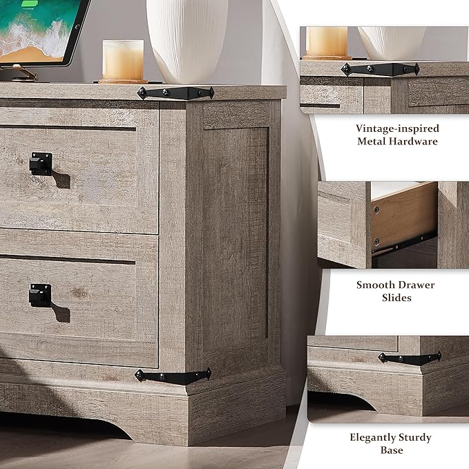 T4TREAM 24" Farmhouse Nightstand with Charging Station Set of 2, Large End Table with 2 Storage Drawers, Rustic Wood Sofa Bedside Table for Bedroom, Light Rustic Oak