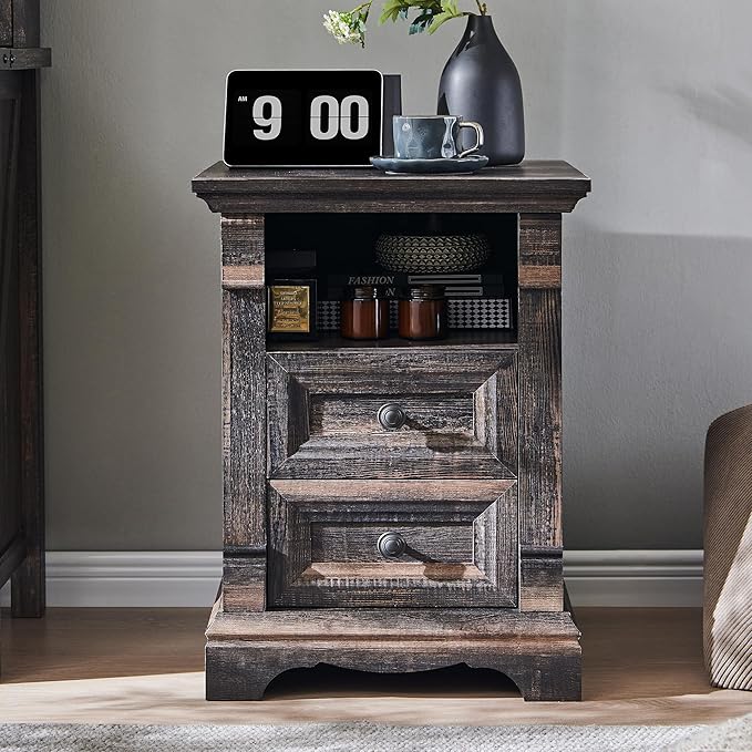 T4TREAM Farmhouse Nightstand Set of 2, 18" Sofa Side Table with Charging Station, Wood End Table w/Roman Column, Bedside Cabinet for Bedroom, Living Room, Dark Rustic Oak