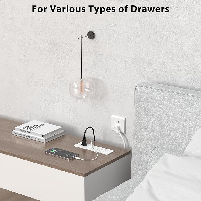 Furniture Drawer Outlet, Recessed Power Strip with (3) PD 20W USB Ports Fast Charging & (3) 15 Amp AC Outlets, (14 AWG) 10 FT White Spring Cord