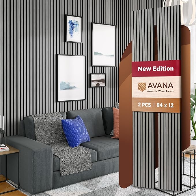 Avana Acoustic Wood Wall Panels – 94.4 x 12.6 Inch Gray Oak Acoustic Panels 2 PCs – Wall Panels For Interior Wall Decor For Homes, Offices, Studios – Pleasing Decorative Wood Panels For Wall
