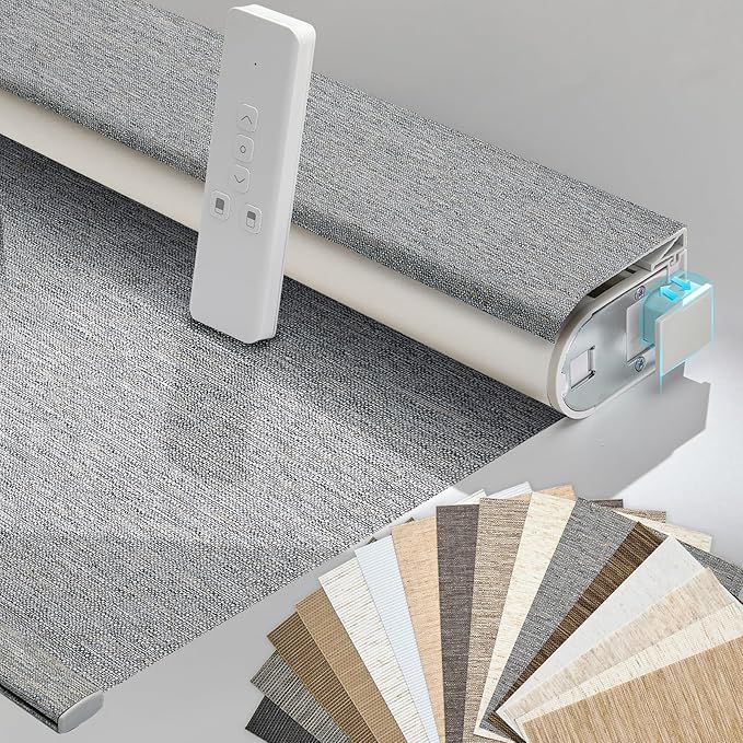 Persilux Smart Motorized Blinds with Remote, No Drill Automatic Roller Shades for Indoor Windows, Blackout Linen Fabric, Electric Blinds for Windows, Linen Grey C156BO-5, Custom Size