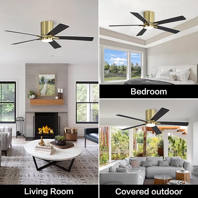 WINGBO 48" DC Flush Mount Ceiling Fan with Lights, 6-Speed Reversible DC Motor, 3CCT, Low Profile Hugger Ceiling Fan for Living Room Bedroom Kitchen, Brass Finish and Black/White Blades