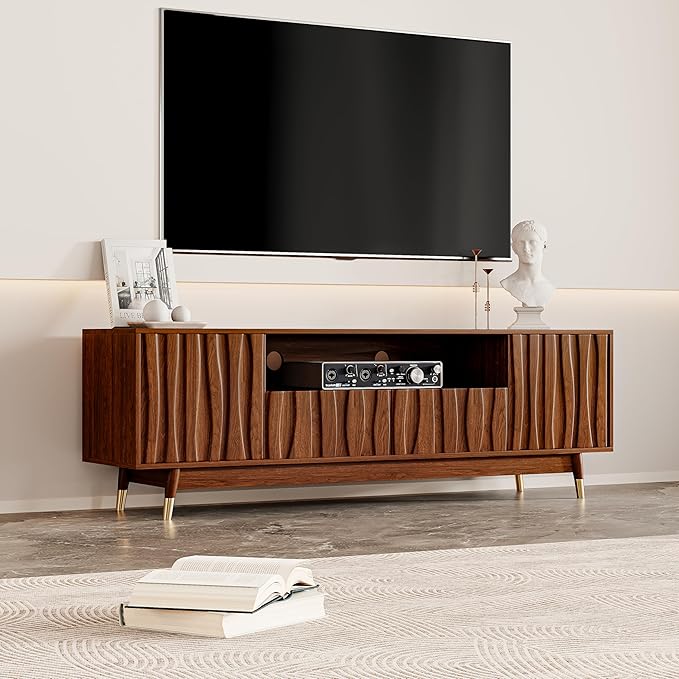 ATJafurn 66‘’ Brown Walnut Finish TV Stand for 48/55/65 Inch TVs, Mid Century Modern Wood Media Console Entertainment Center with 2 Drawers and 2 Cabinets for Living Room Bedroom