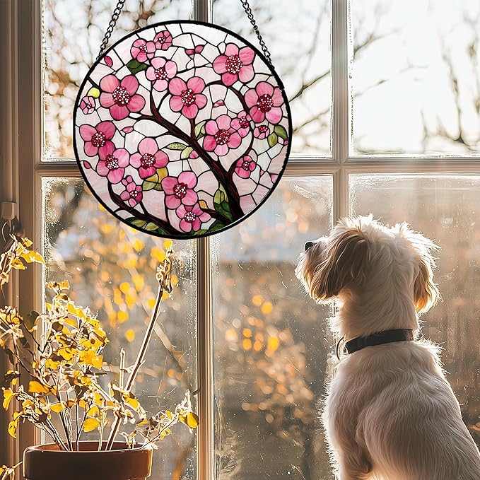 CRISGIF Stained Glass Window Hanging - Cherry Blossoms Birth Flower Suncatcher for Door Garden Patio Sun Catchers Decor Christmas Mother's Day Birthday Gifts for Women Mom Nana Friend Wife 6.3 in