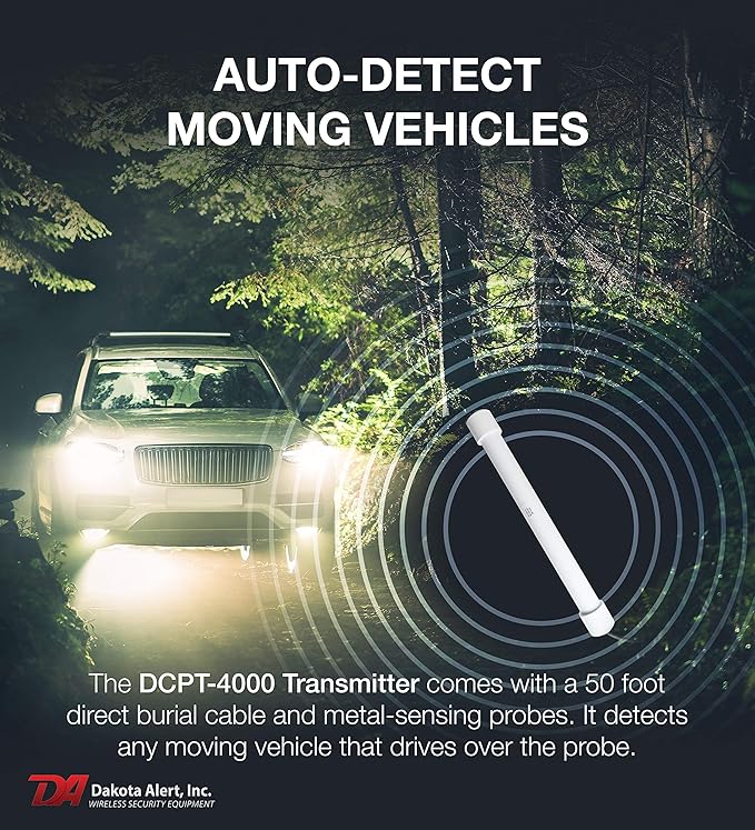 Dakota Alert Driveway Alarm Sensor - DCPT-4000 Driveway Alarms Wireless Outside Weatherproof Vehicle Sensor, 1 Mile Long Range Sensors , Vehicle Detecting Probe Transmitter & 50' Direct Burial Cable
