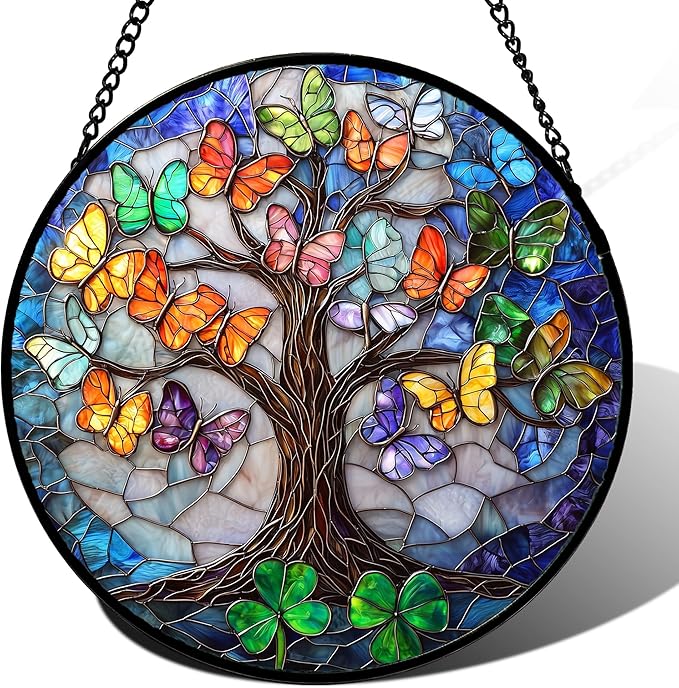 DASTOLL Stained Glass Window Hanging, Butterfly Tree Clover Sun Catchers Glass Panel Blue Suncatcher Decor for Birthday for Women, Men, Wife, Aunt, and Mom 14.9x14.9 in