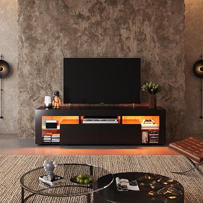 WLIVE 63 inch TV Stand for 50 55 60 65 70 75 Inch TVs, Modern Entertainment Center with LED Lights & 2 Large Storage Drawers, TV Console Gaming Media Television Stands for Living Room, Bedroom(Black)