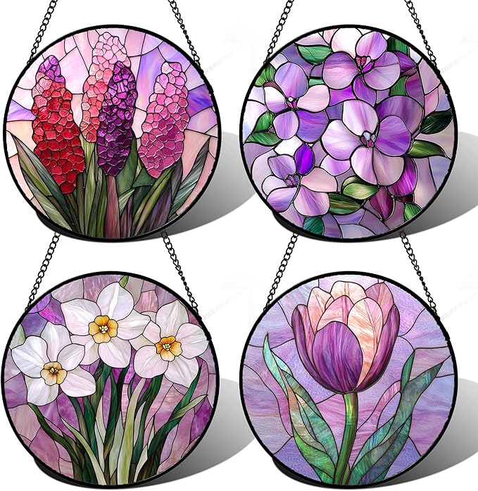 DASTOLL Stained Glass Window Hanging 4 Pcs Set Purple Flower Theme 7.8" - Tulip Suncatcher Door Garden Sun Catcher Decor Birthday Christmas for Plant Lovers Woman Nana Men