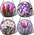 DASTOLL Stained Glass Window Hanging 4 Pcs Set Purple Flower Theme 7.8" - Tulip Suncatcher Door Garden Sun Catcher Decor Birthday Christmas for Plant Lovers Woman Nana Men
