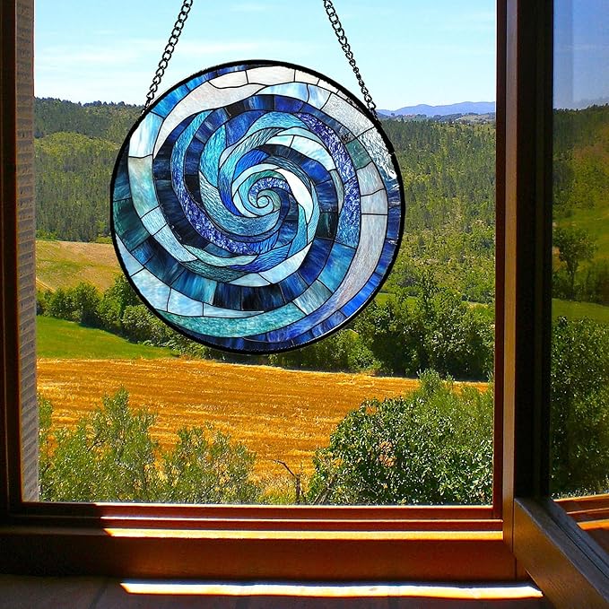 CRISGIF Stained Glass Window Hanging - Blue Abstract Swirl Suncatcher for Doors Garden Patio Unique Sun Catchers Decor Christmas Mother's Day Birthday Gifts for Women Men Mom Nana Friend 7.8 in