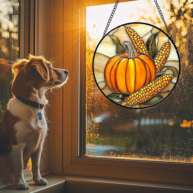 DASTOLL Stained Glass Window Hanging Autumn Harvest Pumpkin Corn 9.8" - Suncatcher Door Garden Kitchen Sunroom Sun Catcher Fall Home Decor Birthday for Mom Grandma Men Woman