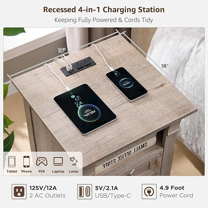 T4TREAM Farmhouse Nightstand Set of 2, 18" Side Table with Charging Station, Wood End Table w/Roman Column, Bedside Cabinet for Bedroom, Living Room, Light Rustic Oak