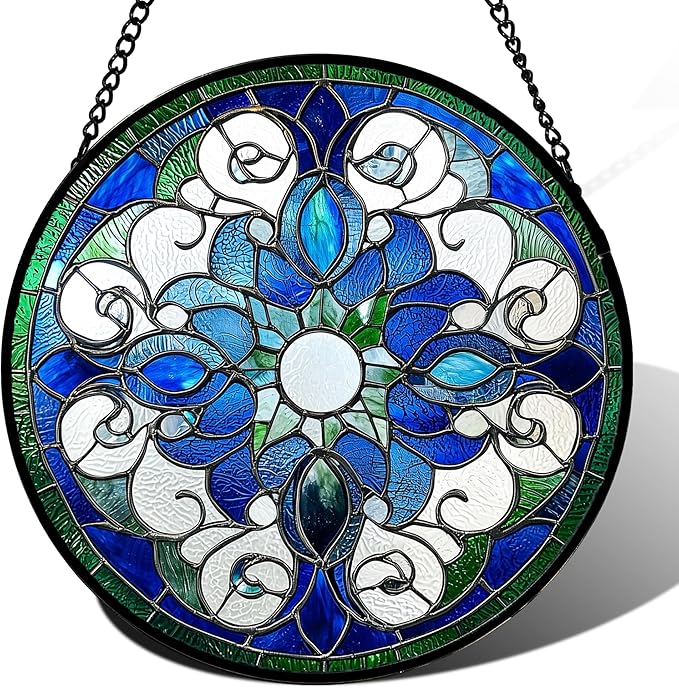 DASTOLL Stained Glass Window Hanging, Boho Style Sun Catchers Diamond Glass Panel Hangings Tiffany Suncatcher Decor for Birthday for Women, Men, Wife, Aunt, and Mom 14.9x14.9 in