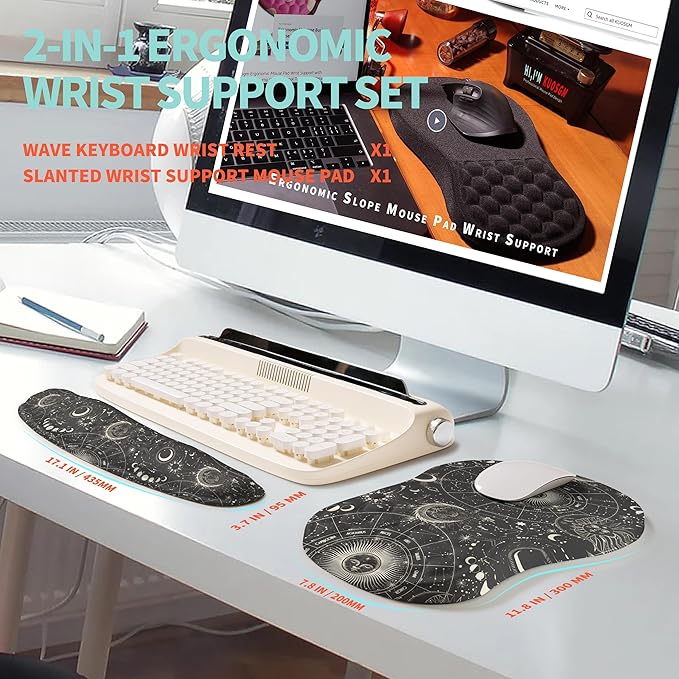 KUOSGM 2-in-1 Ergonomic Set, Wave Rise Keyboard Wrist Rest and Massage Bulge Slope Mouse Pad Wrist Support, Cushion Memory Foam Integrated to Relieve Wrist Pain, Constellation