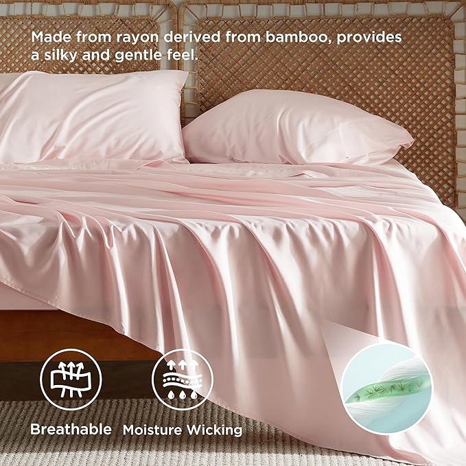 Bedsure Queen Sheet Set, Rayon Derived from Bamboo, Cooling Sheets, Breathable & Soft, Deep Pocket Up to 16 Inches, Hotel Luxury Silky Bedding for Hot Sleepers, Pink