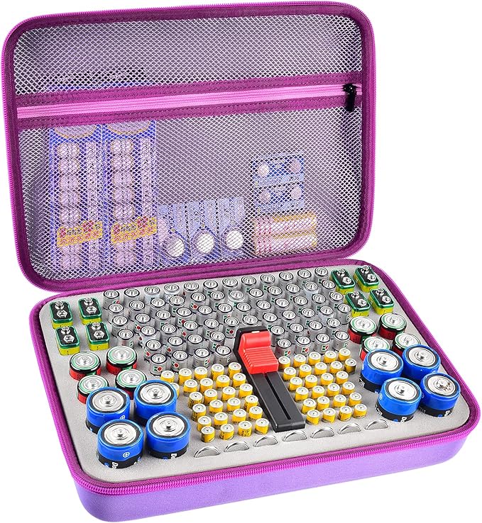 Battery Organizer Storage Holder, 150+ Batteries Storage Containers Box with Battery Tester Fits for AA AAA 9V C D Lithium 3V LR44 CR2016 CR1632 CR2032 CR2025 (Case Not Includes Batteries)-Purple