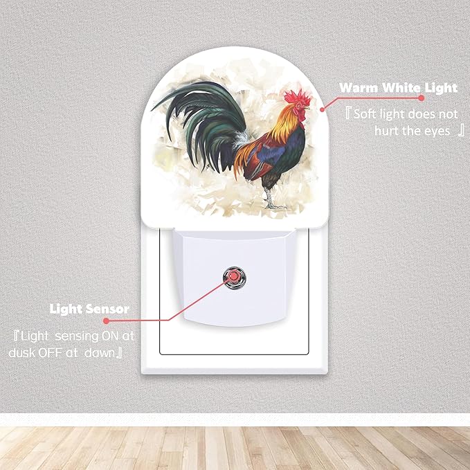 Axxitude Roosters Night Lights Plug into Wall for Girls Boys Room,Night Light LED Lamp Dusk to Dawn Sensor Round Lamp for Bedroom Bathroom Hallway Home Wall Decor Nightlight