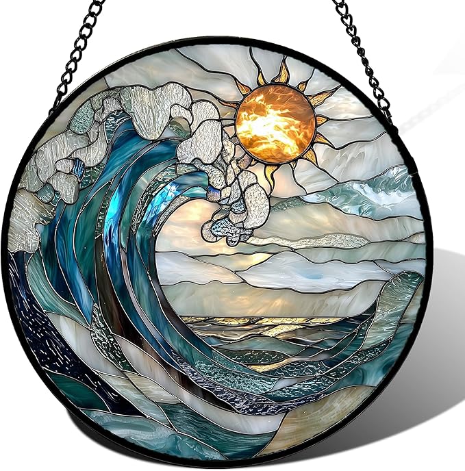 DASTOLL Stained Glass Window Hanging, Blue and White Waves Suncatcher Diamond Glass Panel Landscape Sun Catchers Decor for Birthday for Women, Men, Wife, Aunt, and Mom 14.9x14.9 in