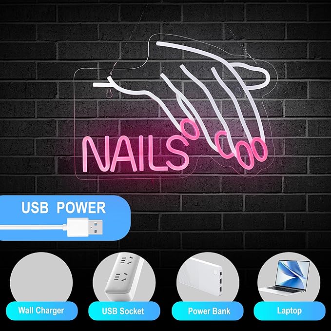 Nails Salon Neon Sign Dimmable Neon Light for Wall Decor Powered by USB Adapter for Beauty Store Room Gift Light and Shop Decorative Signs (17x12inches)