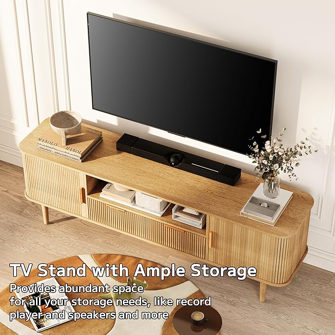 DAMCROP 62.4 Inch Fluted TV Stand, Modern Media Console Table with Sliding Tambour Door Farmhouse Sideboard Buffet Cabinet Fits TVs up to 75 inch, Wood Entertainment Center for Living Room(Oak)