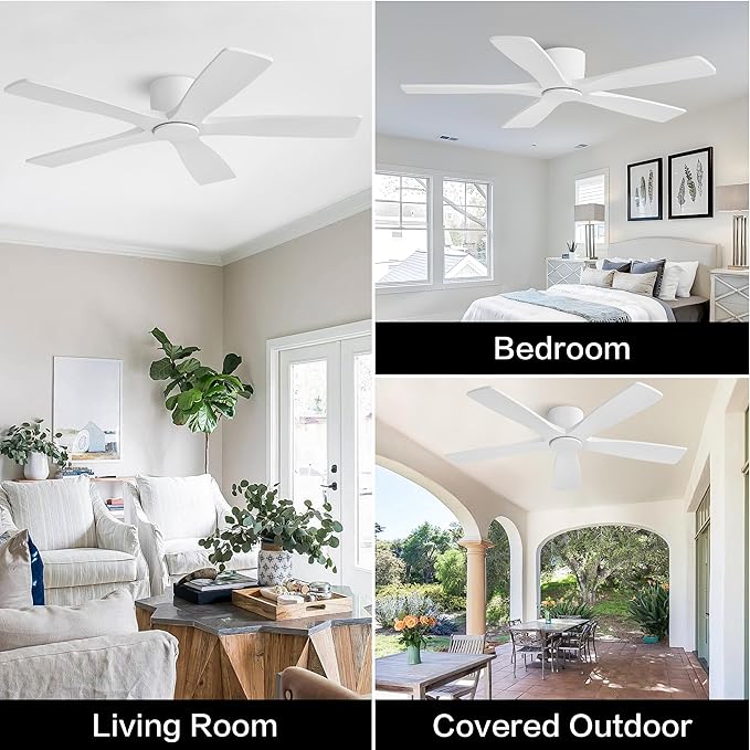 WINGBO 54" Flush Mount DC Ceiling Fans Without Lights, 5 Carved Solid Wood Blades, 6-Speed Reversible DC Motor, Low Profile Hugger Ceiling Fan No Lights for Living Room Bedroom Patio, Gloss White