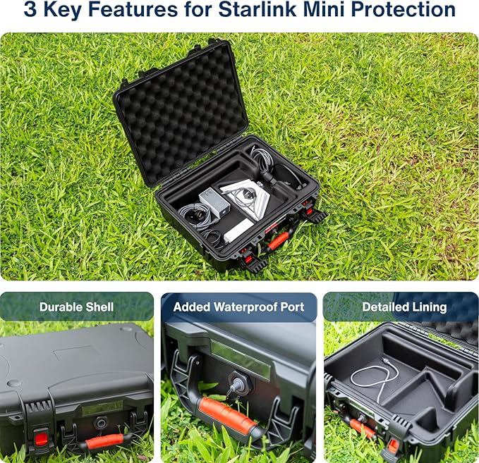 IP67 Waterproof Storage Case for Starlink Mini with Waterproof DC Female Charging Port – Protective Hard Case with Foam Padding, Secure Latch System, Portable Design for Travel and Outdoor Use