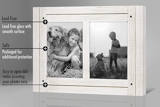 Americanflat Hinged 5x7 Double Picture Frame with 2 Photo Openings and Polished Glass - Distressed Wood Collage Picture Frames for Tabletop and Wall Display - Hampton Collection - Aspen White
