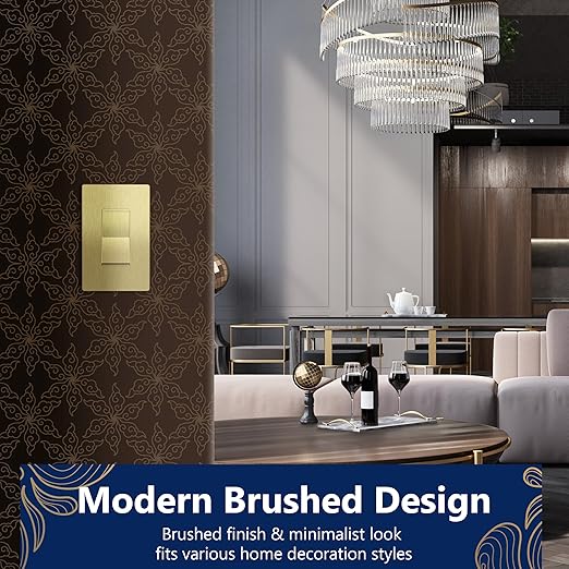 LIDER Brushed Gold Minimalist Design Decorator Switch with Screwless Wall Plate, Frameless Wall Light Switch, On/Off Rocker Switch, Single Pole, Residential Grade, 3 Wire, 15A 120-277VAC