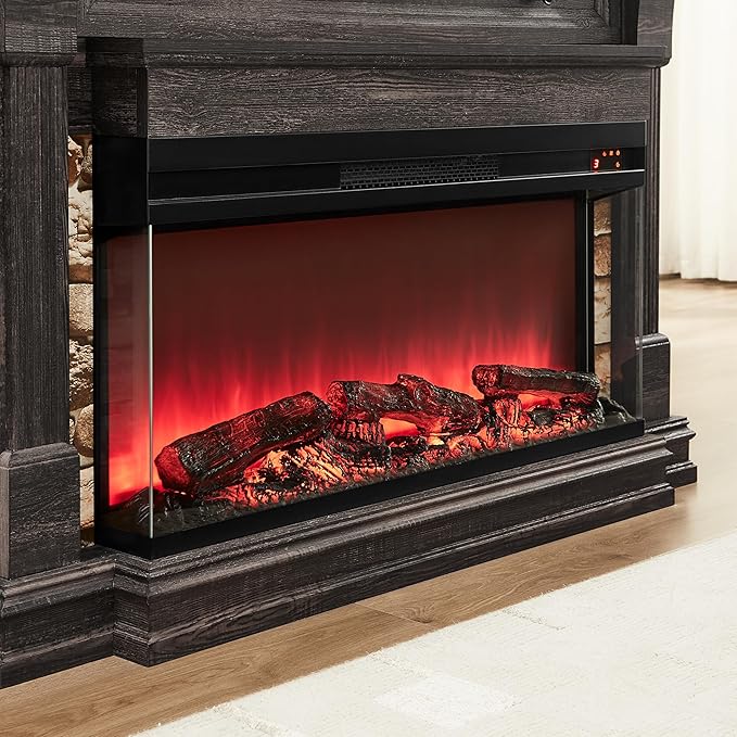 OKD 52 Inch Electric Fireplace with Mantel, Fireplace TV Stand with 36" 3-Sided Glass Electric Fireplace Heater for Living Room, Dark Rustic Oak