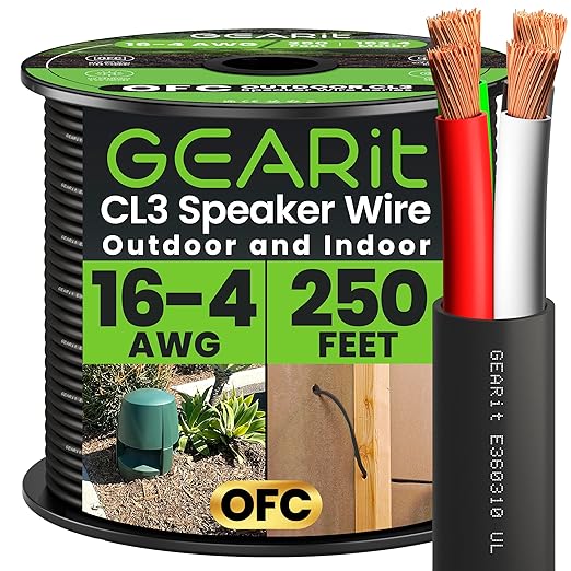 GEARit Outdoor Speaker Wire CL3 Rated, 16 Gauge Speaker Wire, Speaker Cable 250 ft for Outdoor Speakers, Patio, Garden, Backyard Audio, Direct Burial in Ground/in Wall, OFC (Black, 4-Conductors)