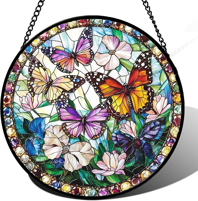 DASTOLL Stained Glass Window Hanging, Colorful Butterfly Suncatcher for Doors Home Sun Catchers Decoration and Christmas, Mother's Day Birthday Gifts for Women, Men, and Mom 14.9x14.9 in