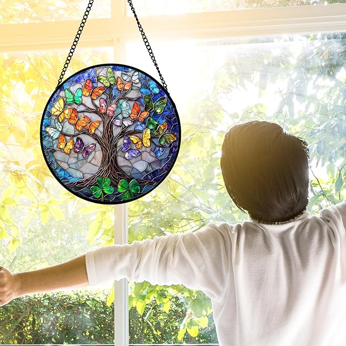 DASTOLL Stained Glass Window Hanging, Butterfly Tree Clover Sun Catchers Glass Panel Blue Suncatcher Decor for Birthday for Women, Men, Wife, Aunt, and Mom 6.3 in
