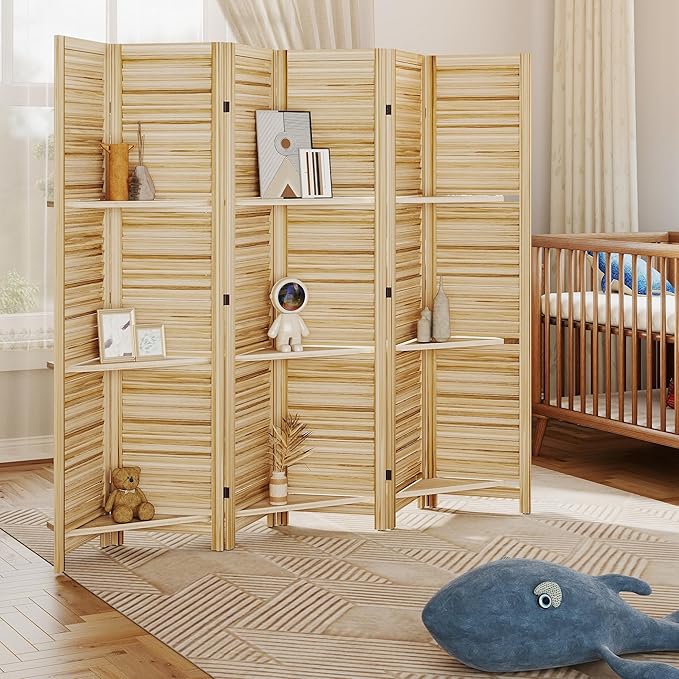HOMCOM Room Divider, 6 Panel 67" Tall Wood Privacy Screen with 3 Display Shelves, and Folding Storage for Bedroom or Home Office, Natural Wood