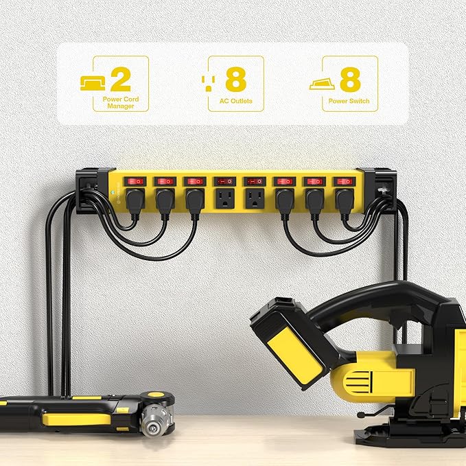 Power Strip with Individual Switches - 8 Outlet Heavy Duty Power Strip with Cord Manager,1200J Surge Protector Home Office Garage Industrial Workbench